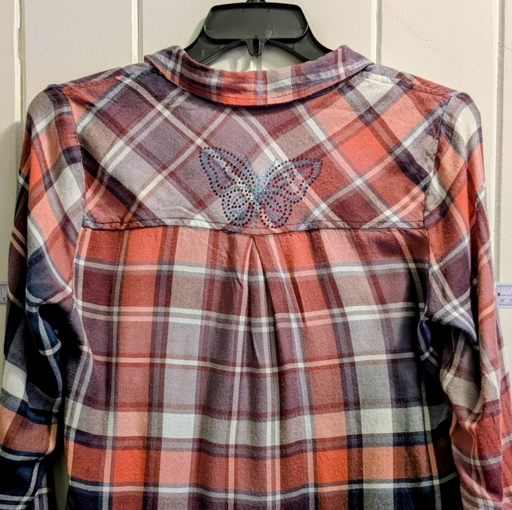 Upcycle Lucky Brand Medium Dip Bleach Flannel Shirt w/ Butterfly Bling 17" P2P - Picture 1 of 11